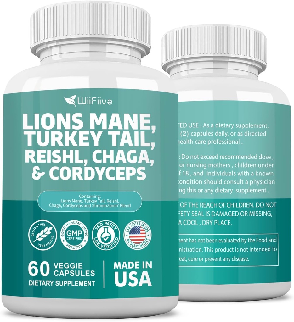 Lions Mane 3000mg Turkey Tail 3000mg Reishl 1000mg Chaga 1000mg Cordyceps εκχύλισμα σκόνης που περιέχει Maitaake Shiitake Μαύρο Fungus, συμπλήρωμα brain, συμπληρώματα ορυκτών, 60 κάψουλες