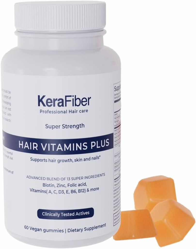 KeraFiber Profesyonel Saçlar Artı Gummies - Biotin Saç Büyüme Tamamları - Çinko ile Vegan Saç Vitaminleri, C, D, E, B6, B12 - Saç Büyümesini Destekler, Skin & Nails - 60 Kont