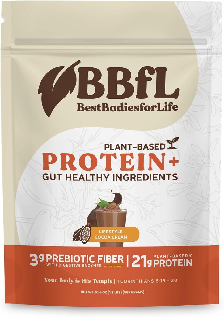 BBfL Plant-Based Protein Shake – 21g Vegan protein, Cocoa + Apple Cider Vinegar, Prebiyotiks, Digestive Enzymes, Supports Gut Health – All-in-One Shake for Women & Men (15 Servisler, Cocoa Cream)