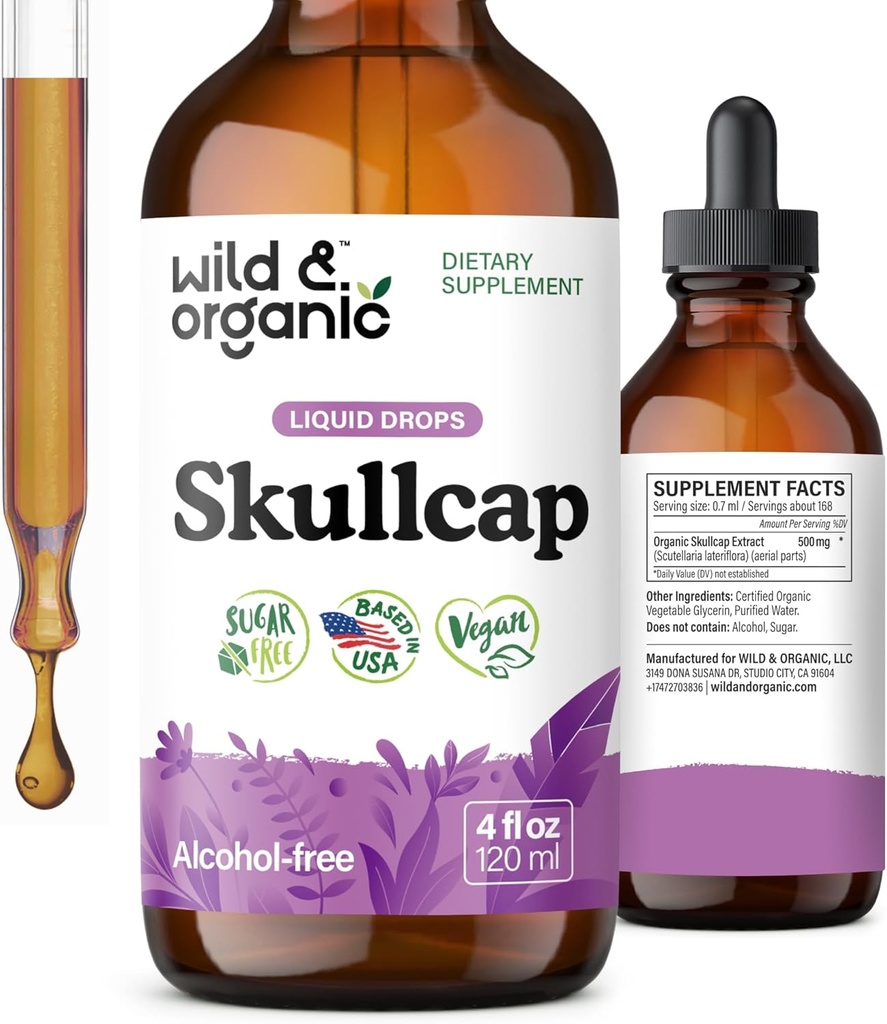 Wild & Organic Skullcap Herb Tincture - Skullcap Supplement for Mood Support - Rahatlama Sıvı Ekstralama - Vegan, Şeker & Alkol Özgür - 4 fl oz