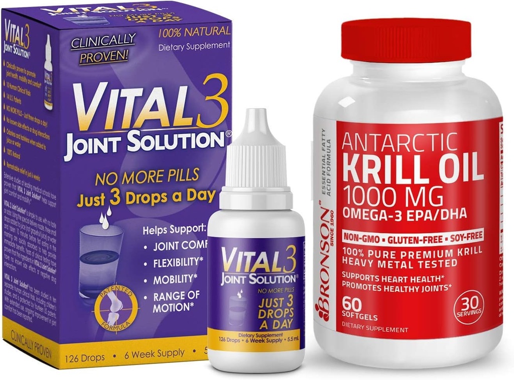 Vital 3 Joint Solution® Klinik olarak Proven Sıvı Diz Yardımı + Bronson Antarktika Krill Oil 1000 mg with Omega-3s EPA, DHA