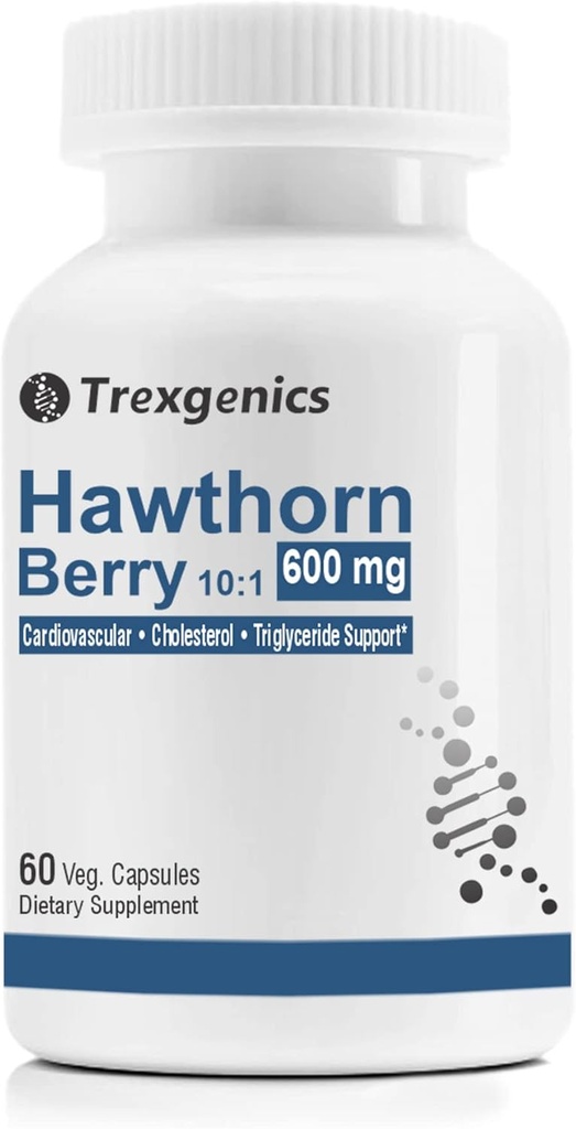 Trexgenics Hawthorn Berry 600 mg Cardiovascular, Cholesterol, triglycerides, Blood Pressure Support Vegan & Non-GMO (60 Veg. Capsules) (GMO)