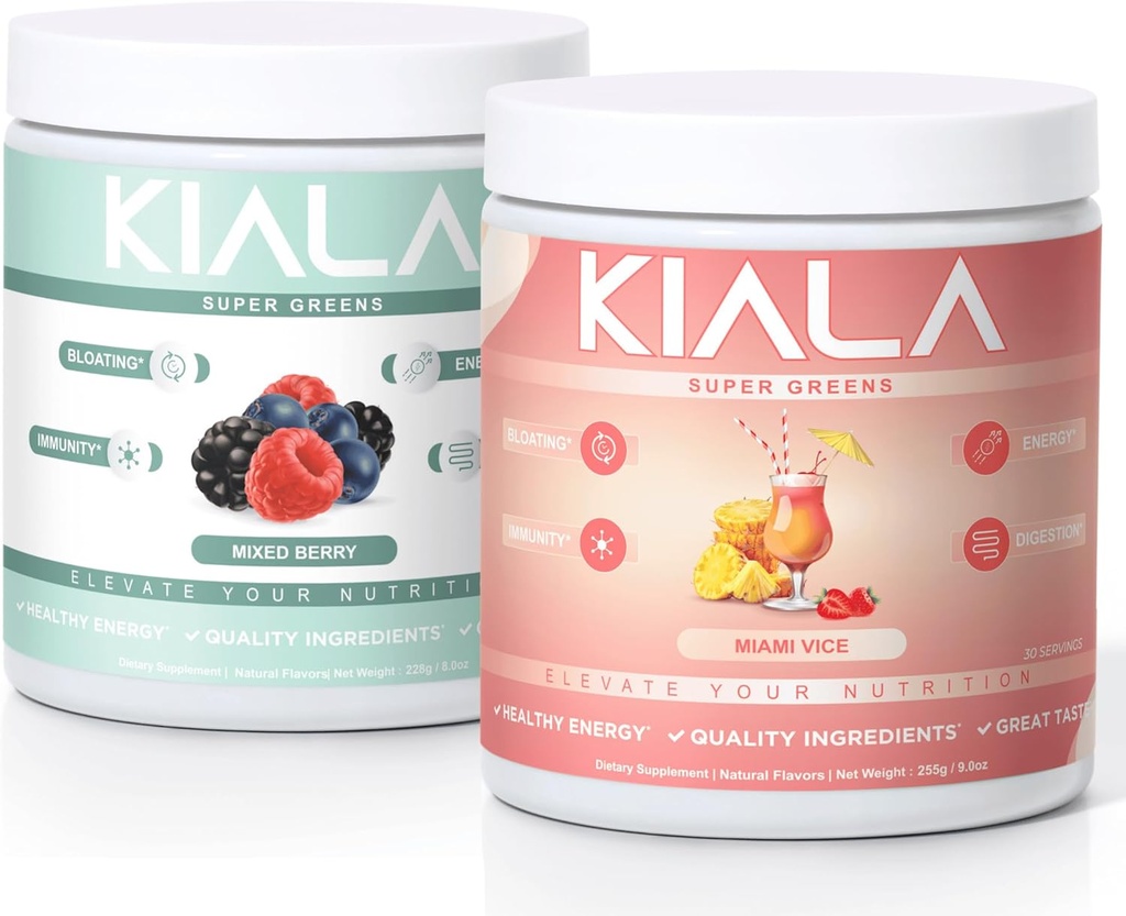 Διατροφή της Kiala Super Greens, Βιολογικά Πράσινα Σκόνη, Spirulina & Chlorella Superfood Σκόνη, Ζάχαρη & Γλουτένη Χωρίς Vegan, Spectra Blend, Μικτό Berry & Miami Vice, 2 Pack