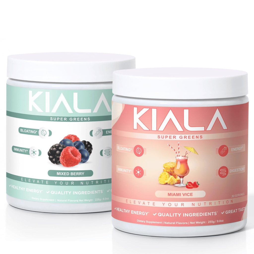 Kiala Beslenme Süper Yeşiller, Organik Yeşiller Toz, Spirulina & Chlorella Superfood Toz, Sugar & Gluten Free Vegan, Spectra Mix, Karma Berry & Miami Vice, 2 Pack