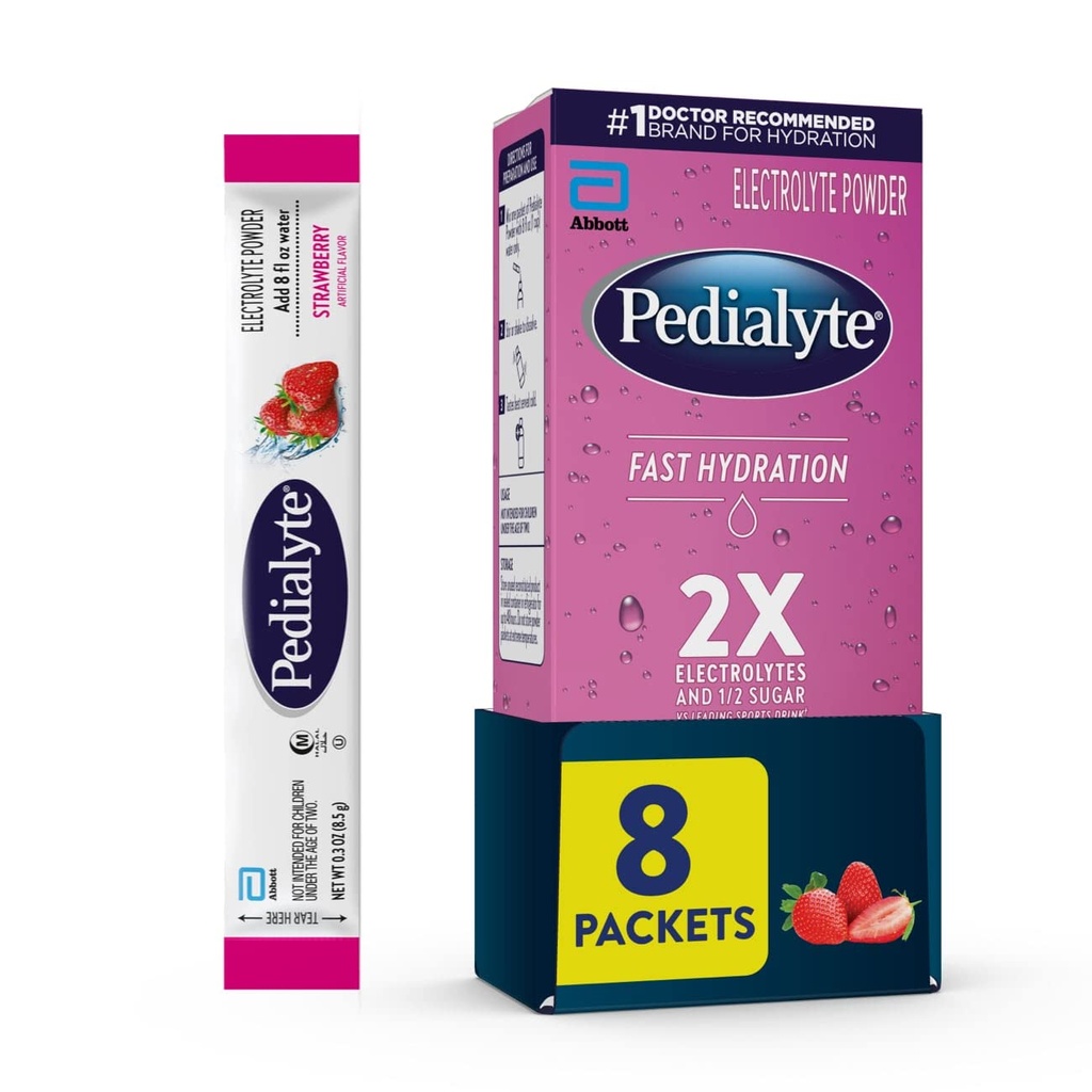 Pedialyte Fast Hydration Powder Packets, Strawberry, Hydration Drink, 8 Single-Serving Powder Packets