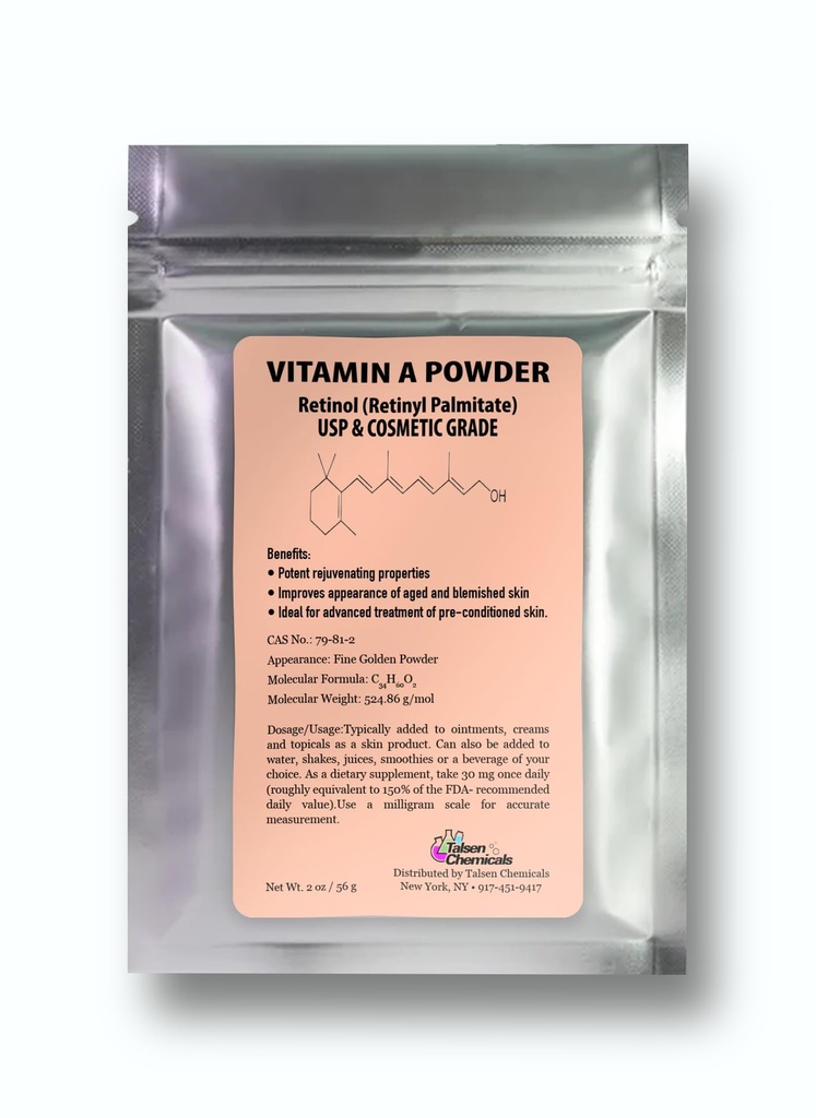 Βιταμίνη Α σε σκόνη Παλμιτικό ρετινύλιο, Pure Retinol σε σκόνη Βιταμίνη Νερό Διαλυτή βιταμίνη Α USP & Cosmetic Grade (2 oz. / 56 Grams)