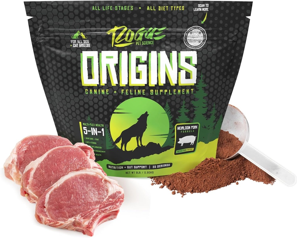 ROGUE PET SCIENCE Origins 5-in-1 Dog Supplement - Tozlu Gıda Topper w / Doğal Heirloom Pork proteini - Sağlıklı Digestion, Skin, and Coat - Helps Reduce Itching & Joint Inflammation (2 lbs)