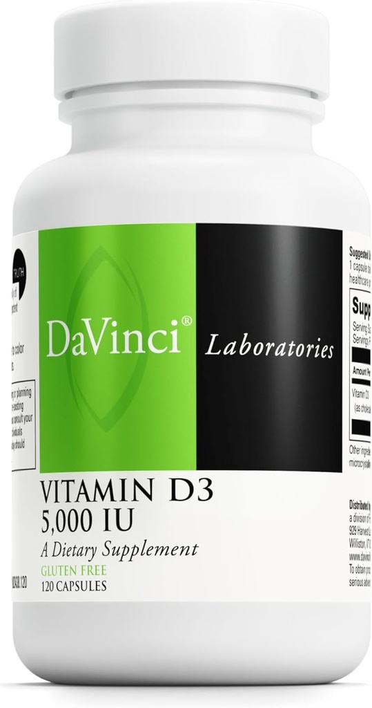 DAVINCI Labs Βιταμίνη D3 5000 IU - Συμπλήρωμα διατροφής για την υποστήριξη υγιή δόντια και οστά, Καρδιαγγειακή λειτουργία, και ανοσοποιητική υγεία * - με 5000 IU ανά υπηρεσία - Χωρίς γλουτένη - 120 κάψουλες