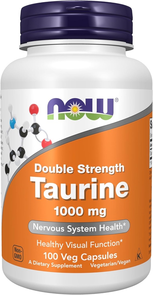 NOW Supplements, Taurine 1,000 mg, Double Strength, Nervous System Health*, 100 Veg Capsules