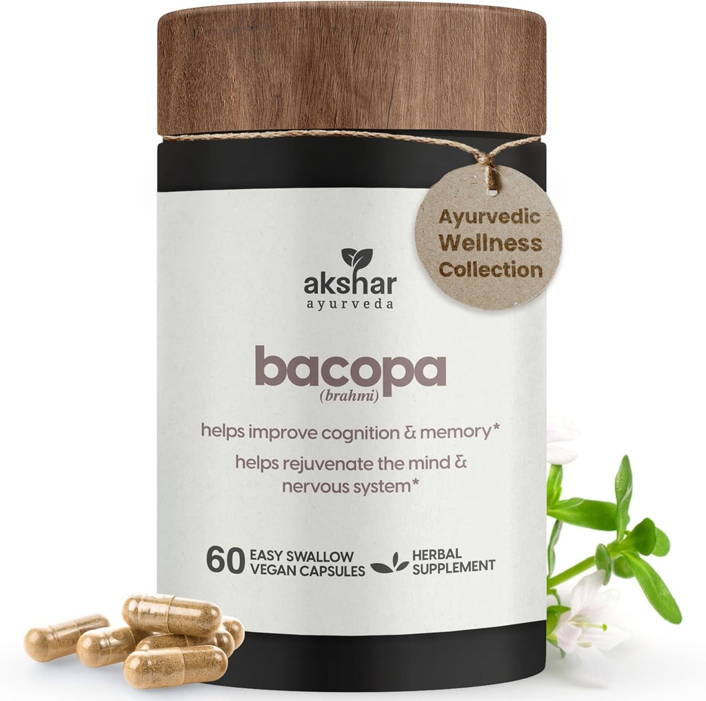 AKSHAR Ayurveda - Bacopa 500 mg Brahmi Supplement, Rejuvenate System, Bacopa Pills Yetişkinler için Bilişsel Fonksiyonlar, Vegan Cruelty Free Bacopa Monnieri (60 Kont)