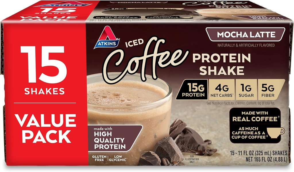 Atkins Gluten Ücretsiz Protein-Rich Shake, Mocha Latte, Keto Friendly, 15 Count