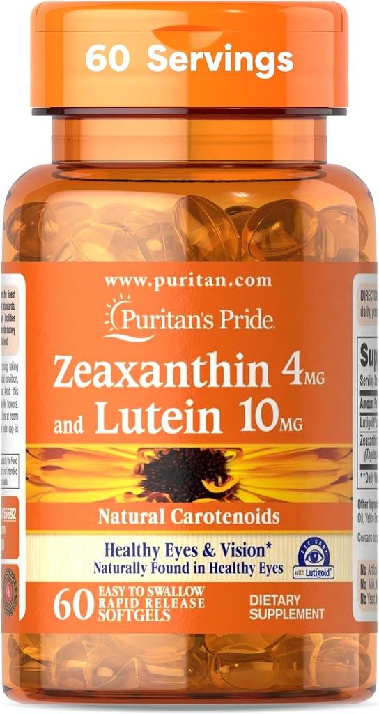 Puritan'ın Gurur Zeaxanthin 4mg ile Lutialtı TM Lutein 10 mg Carotenoyaklar, Sağlıklı Gözler ve Vizyon için Diyet Supplement, 60 Easy-to-Sw Hızlı Yayın Softgels