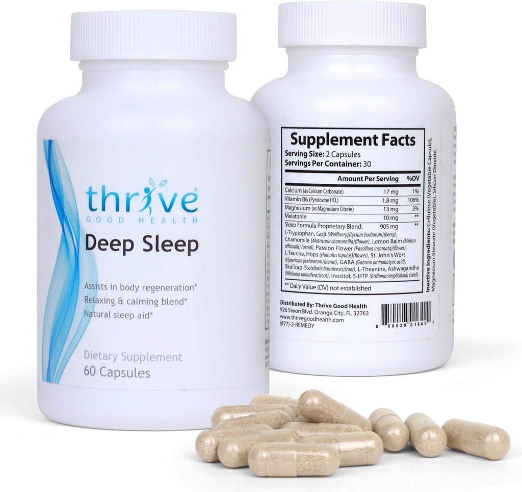Thrive Good Deep Sleep - Sleep Supplement with Calcium Carbonate, Vitamin B6, Magnesium - Sleep Aid Formula with Melatonin, L-Tryptophan, 5-HTP, Inositol, Natural Plant Extracts - 60 Veggie Capsles