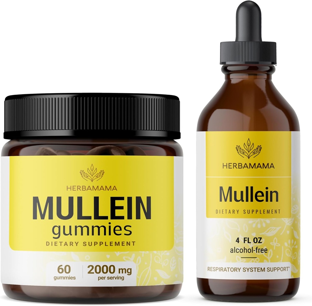 HERBAMAMA Mullein Leaf Extract Kit - 2000 mg Mullein Leaf Gummies and Mullein Leaf Tincture 4 fl oz - Vegan, Non-GMO, Alkol-Free - 2 Pack