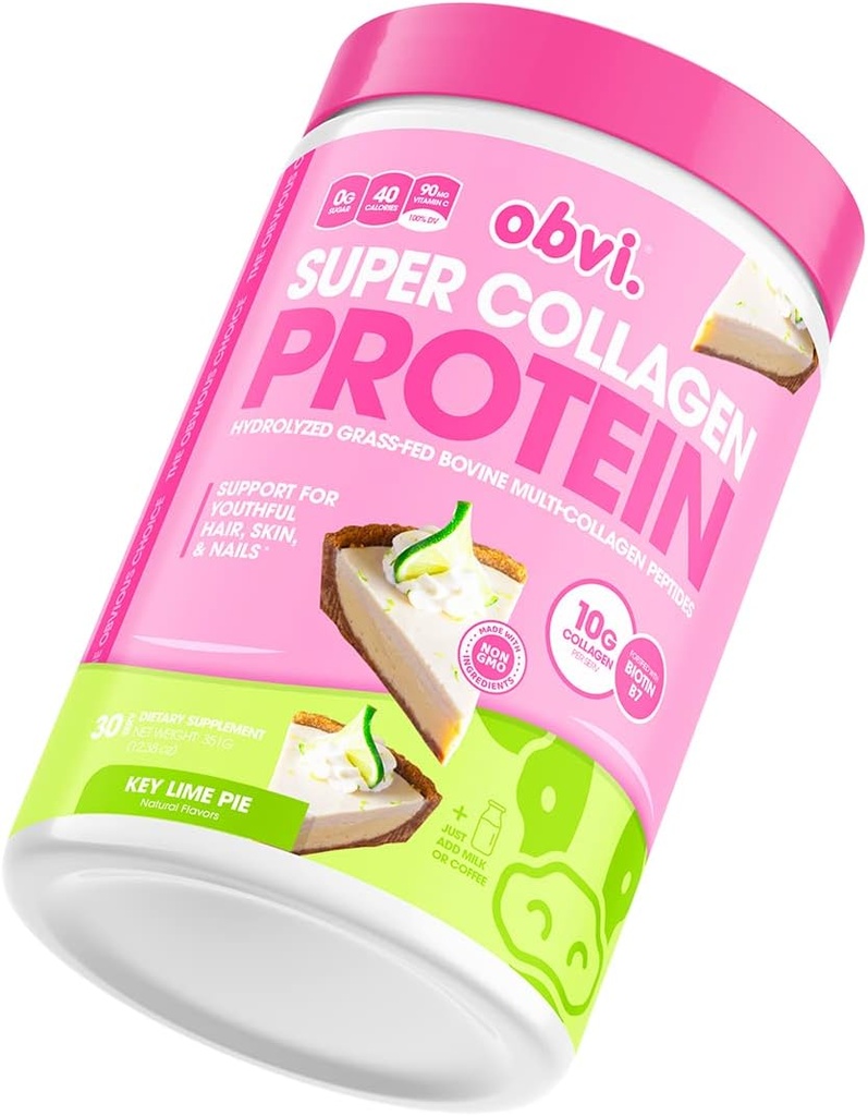 Obvi Collagen Peptides Protein Toz | Destekler Gut Health, Sağlıklı Saç, Cilt, Biyotin & Vitaminler | Hydrolyzed Grass-Fed Bovine | No Sugar, Gluten-Free | 30 Hizmet, Key Lime,