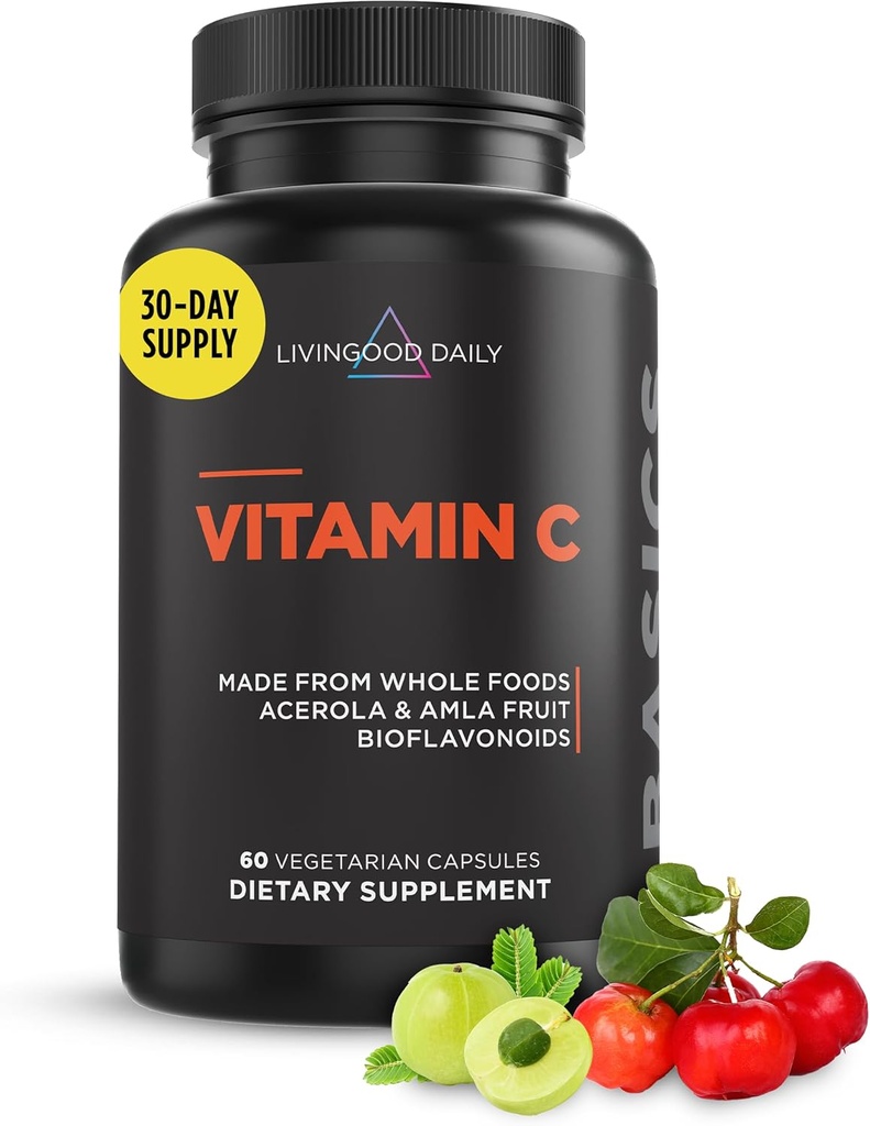 Livingood Daily Vitamin C Supplement, 3-σε-1 Πλήρης βάση τροφίμων Βιταμίνη C με εκχύλισμα φρούτων Acerola & Amla και βιοφλαβονοειδή εσπεριδοειδών για ανοσοποιητική υποστήριξη, Vegan, Χωρίς γλουτένη, Μη ΓΤΟ, 60 κάψουλες