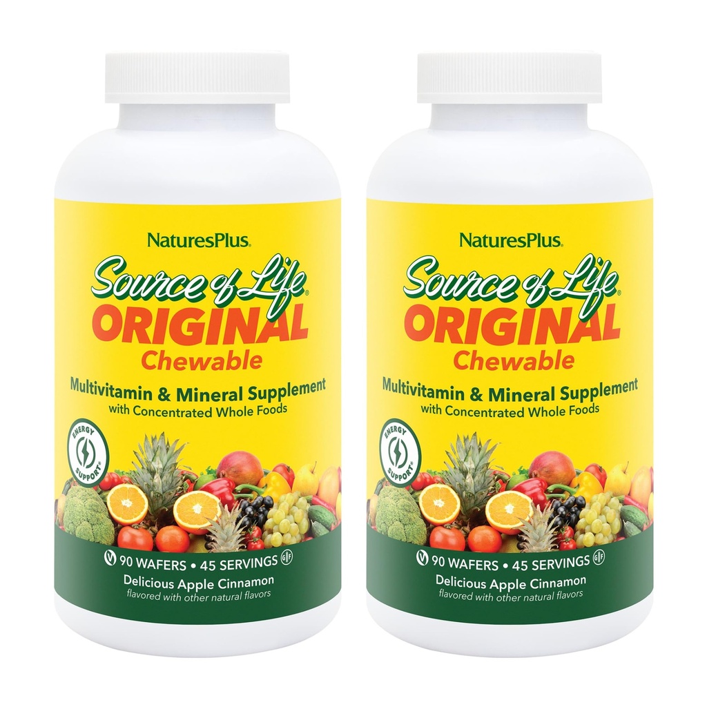 Natures Plus Source of Life Adult’s Chewable, Apple Cinnamon - 90 Wafers, Pack of 2 - Multi-Vitamin & Mineral Supplement - Χωρίς γλουτένη, Χορτοφαγικά - 90 Σύνολο εξυπηρετήσεων