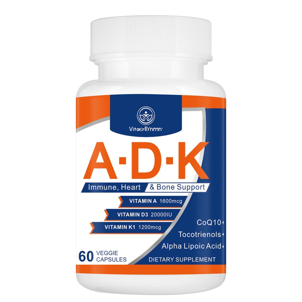 ADK Vitamini 20000 IU - Yüksek Potency Vitaminleri A, D3 ve K1 Kalp, Bone Health ve Immune Support Vitamin ADK 60 Capsules