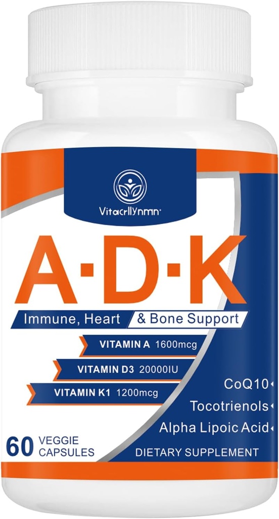 ADK Vitamini 20000 IU - Yüksek Potency Vitaminleri A, D3 ve K1 Kalp, Bone Health ve Immune Support Vitamin ADK 60 Capsules