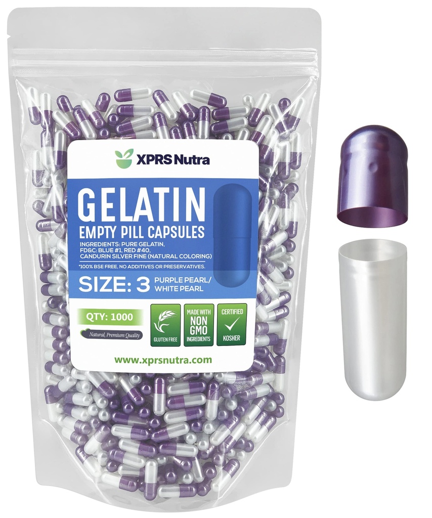 XPRS Nutra Boyutu 3 Boş Kapsüller - 1000 Kont Boş Gelatin Capsules - Pills DIY Capsule - Pure Bovine Pill Gel Caps Do-It- Yourself Vitamins and Supplements (Pearl Mor/White)