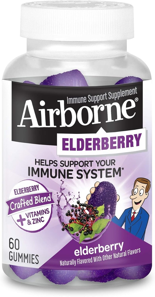 Airborne Elderberry + Zinc & Vitamin C Gummies για ενήλικες, Ανοσοποιητική υποστήριξη Βιταμίνη D & Zinc Gummies με Ισχυρές Αντιοξειδωτικές Βιταμίνες C D & E - 60 Gummies, Γεύσεις Elderberry