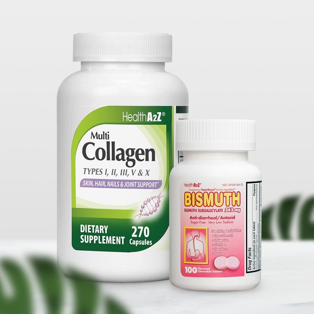 Bismuth Subsalicylate 262 mg (100 Tablet) & Multi Collagen Pills, 1735 mg (270 Collagen Capsules)