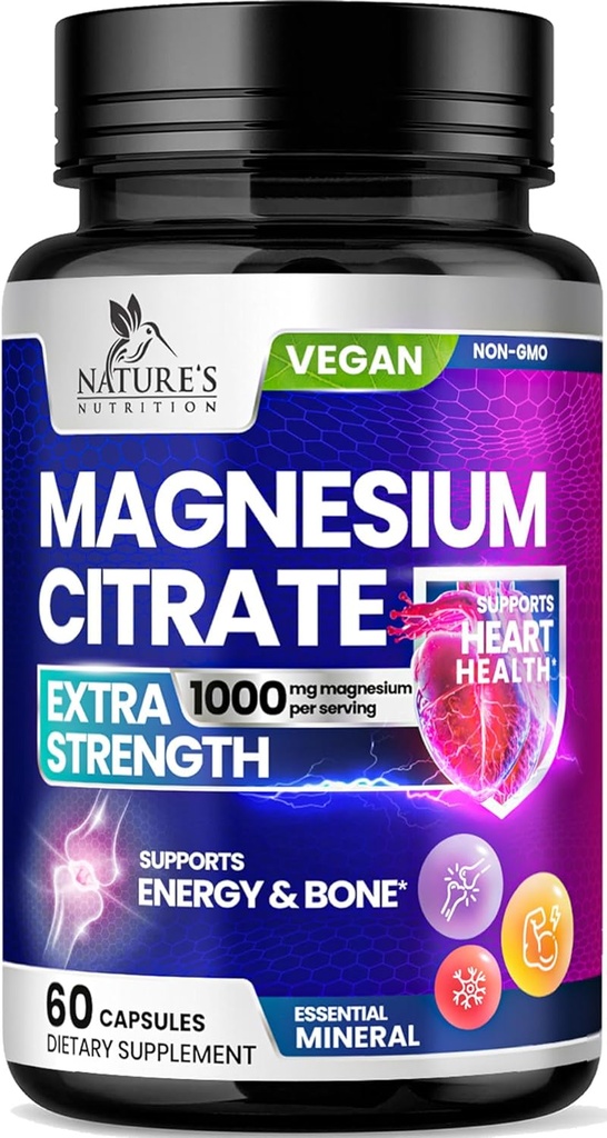 Magnezyum Citrate Supplement Pills 1000 mg - 3X Güçlü Magnezyum Kemik, Kas, Kalp, Doğa Erkekler ve Kadınlar için Uyku Desteği, Vegan Mag Mineral, ABD'de Şişelenmiş 60 Capsules