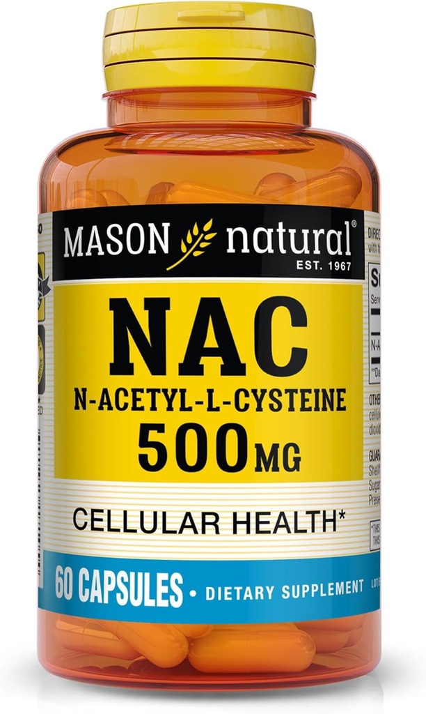 MASON NATURAL NAC N, Acetyl, L, Cysteine 500 mg, 2 μήνες προσφοράς, Υποστηρίζει την κανονική κυτταρική υγεία, ανοσοενισχυτής συστήματος για τη γενική ευεξία, 60 κάψουλες