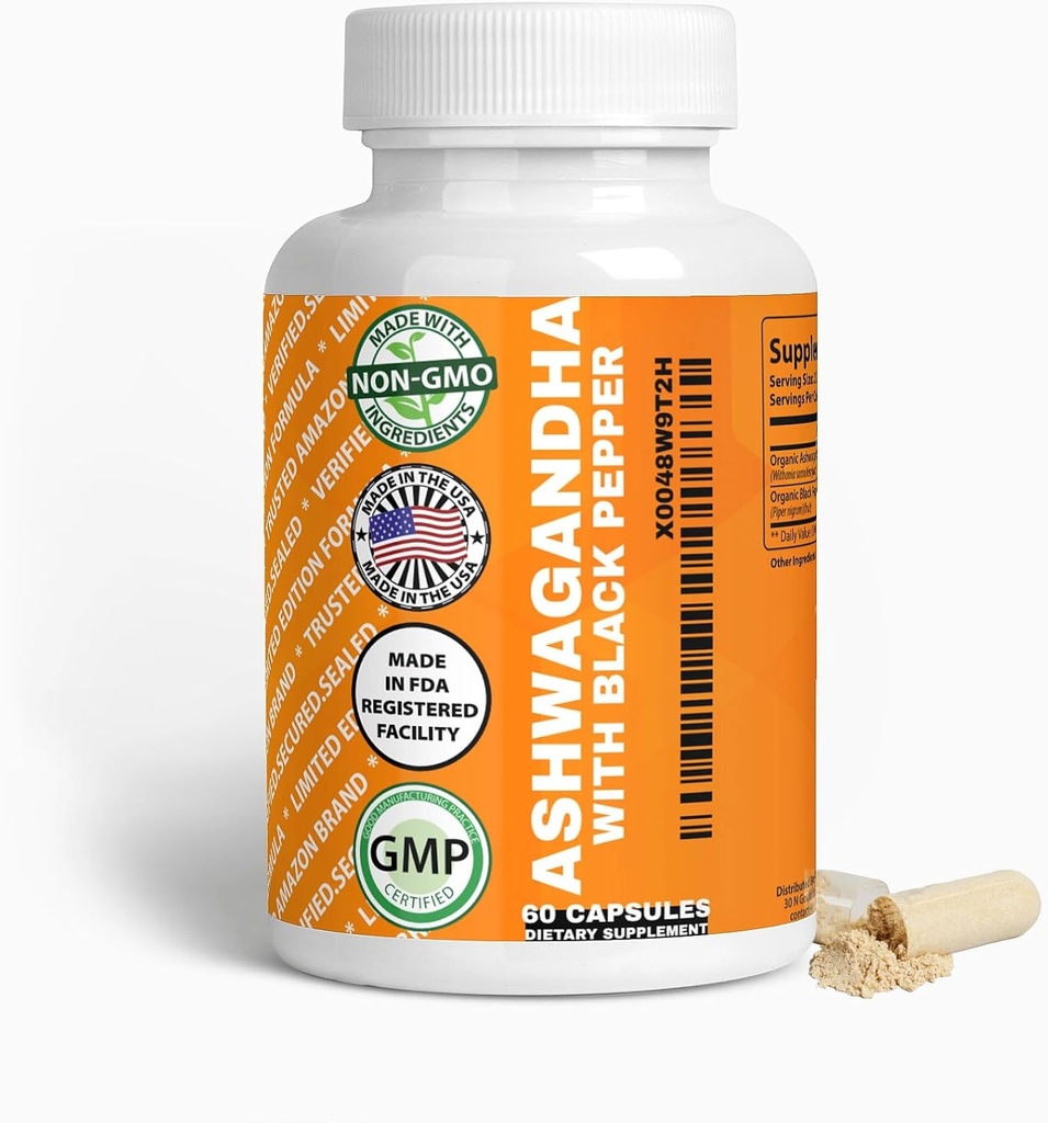 Genric Organic Ashwagandha & Black Pepper Capsules, 1300 mg & 10mg, 60 Kont, Boost Immunity & Mood Doğal