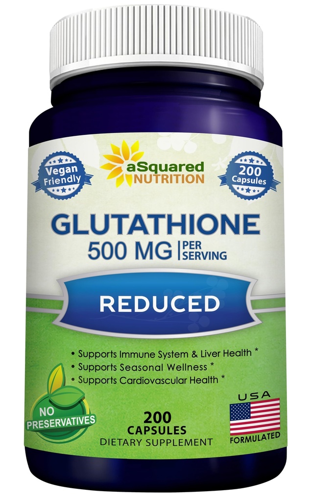 aSquared Nutrition Μειωμένη Γλουταθειόνη 500mg ανά συμπλήρωμα -200 κάψουλες -L-Glutathione Αντιοξειδωτικό για την υποστήριξη της ηπατικής υγείας & Detox - Μέγιστη δύναμη χάπια σκόνης για να βοηθήσει την ανοσοποίηση & λειτουργία του εγκεφάλου