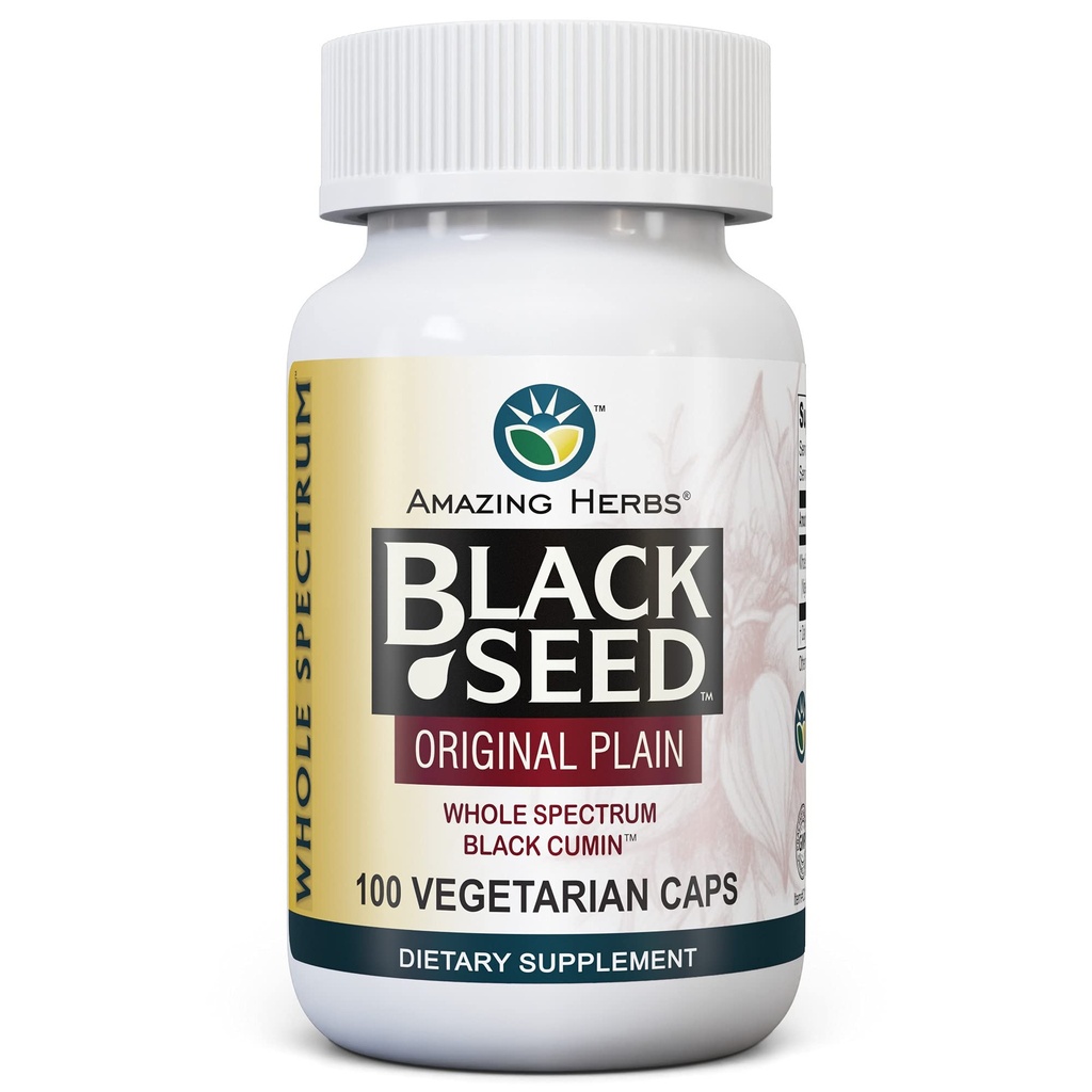 Amazing Herbs Whole Spectrum Black Seed Original Plain, Vegetarian Capsules - Gluten Free, Non GMO, Cold Pressed Nigella Sativa Aids in Digestive Health - 100 Count, 475 mg