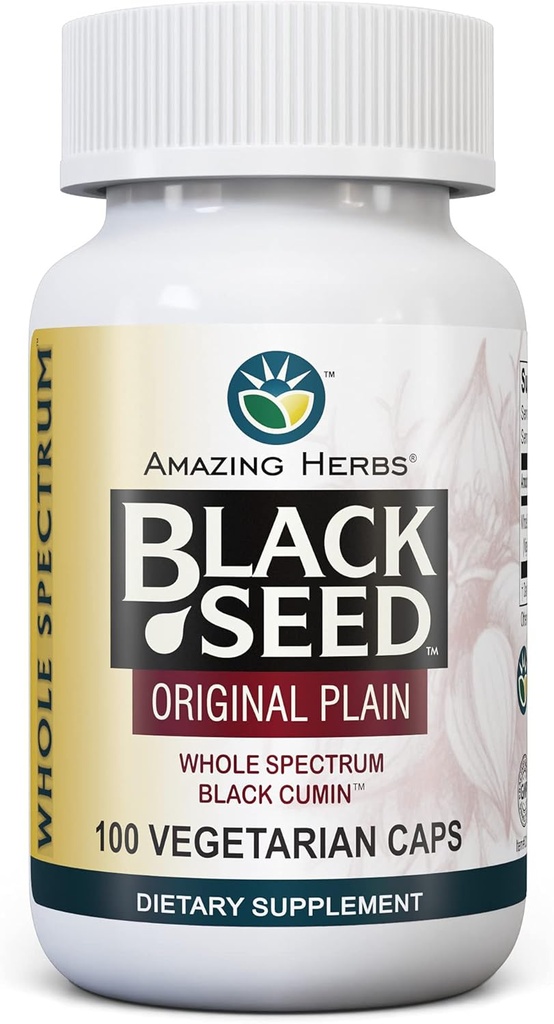 Amazing Herbs Whole Spectrum Black Seed Original Plain, Vegetarian Capsules - Gluten Free, Non GMO, Cold Pressed Nigella Sativa Aids in Digestive Health - 100 Count, 475 mg