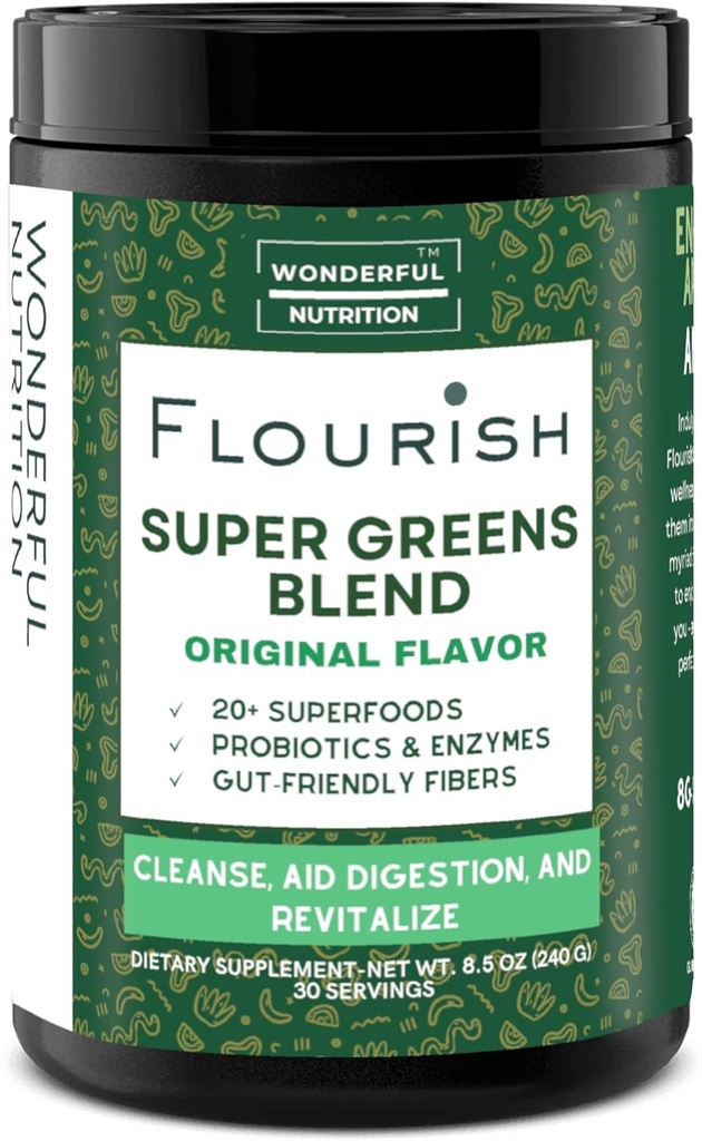 Flourish Super Greens. Greens Toz Mix for Energy, with Chlorella Organic Spirulina, Beet Root Toz, Enzymes & Probiyotiks, Original, 30 Hizmet