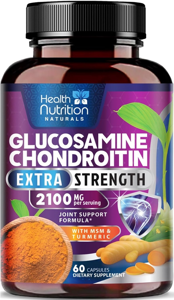 Glucosamine Chondroitin 2100 mg - 3X Güçlü Ortak Destek MSM, Glucosamine Sulfate, Turmeric, Boswellia, Quercetin for Cartilage, Flexability & Mobility, Şişed in USA, 60 Capsules