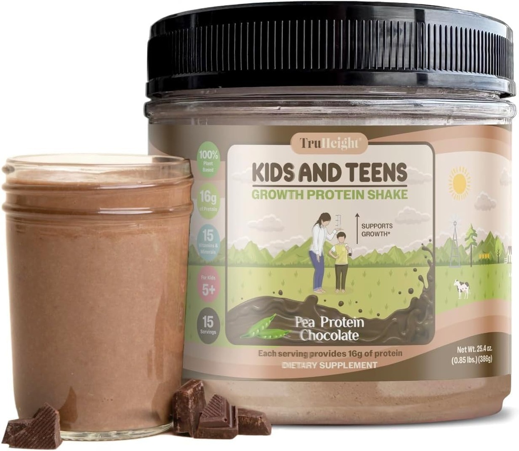 TruHeight Büyüme Protein Shake (Chocolate Milk Flavor, Plant) Doğal Büyüme ve Çocuklar ve Gençler için Protein Toz - Kilo Gelirleri, Pediatrikler tarafından Endorsed, Picky Eater Vitamin, 5+