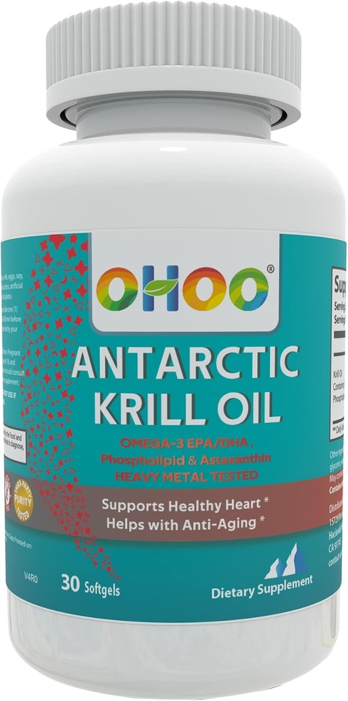 OHOO Antarktika Krill Oil 500 mg Omega-3 EPA & DHA Supplement, Phopholipids, Antioksi Astaxanthin, No Fishy Aftertaste, 30 Softgels