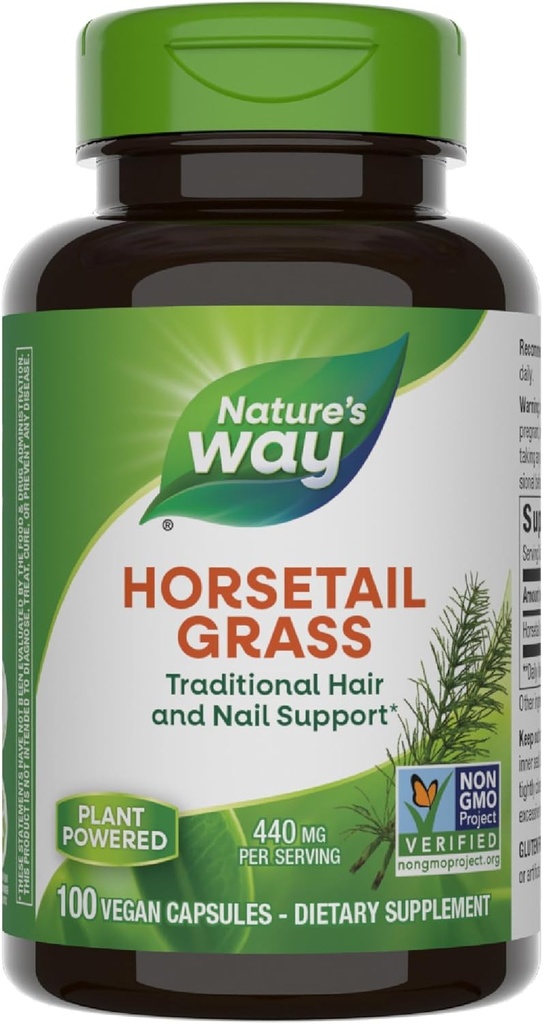 Nature's Way Horsetail Grass, Traditional Hair & Nail Support*, 440 mg per Service, Non-GMO Project  Valid, Vegan, 100 Capsules (Package May Vary)