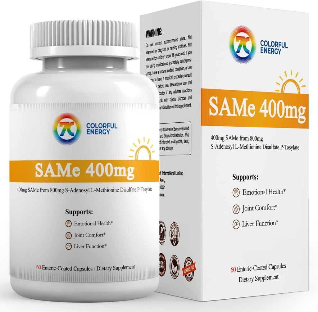 7c Sam e 400 mg Supplement (S-Adenosylmethionine), B6, B12 Sam-e Etkililiği, Mood ve Ortak Konfor, Vegan, Non-GMO, Gluten-Free, 60 İnic Kaplamalar