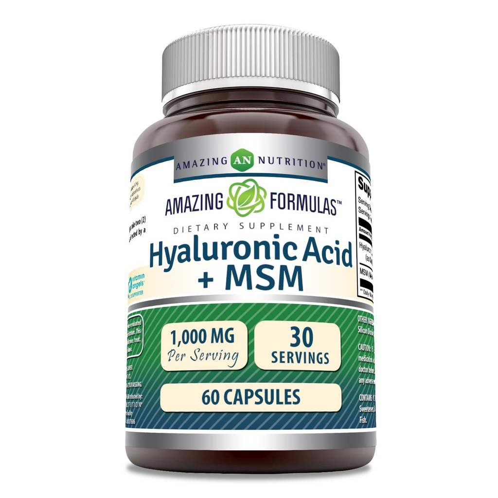 Amazing Formulas Hyaluronic Acid & MSM Supplement | 1000 Mg Per | Capsules | Non-GMO | Gluten Free | Made in USA (1 Pack, 60) Count