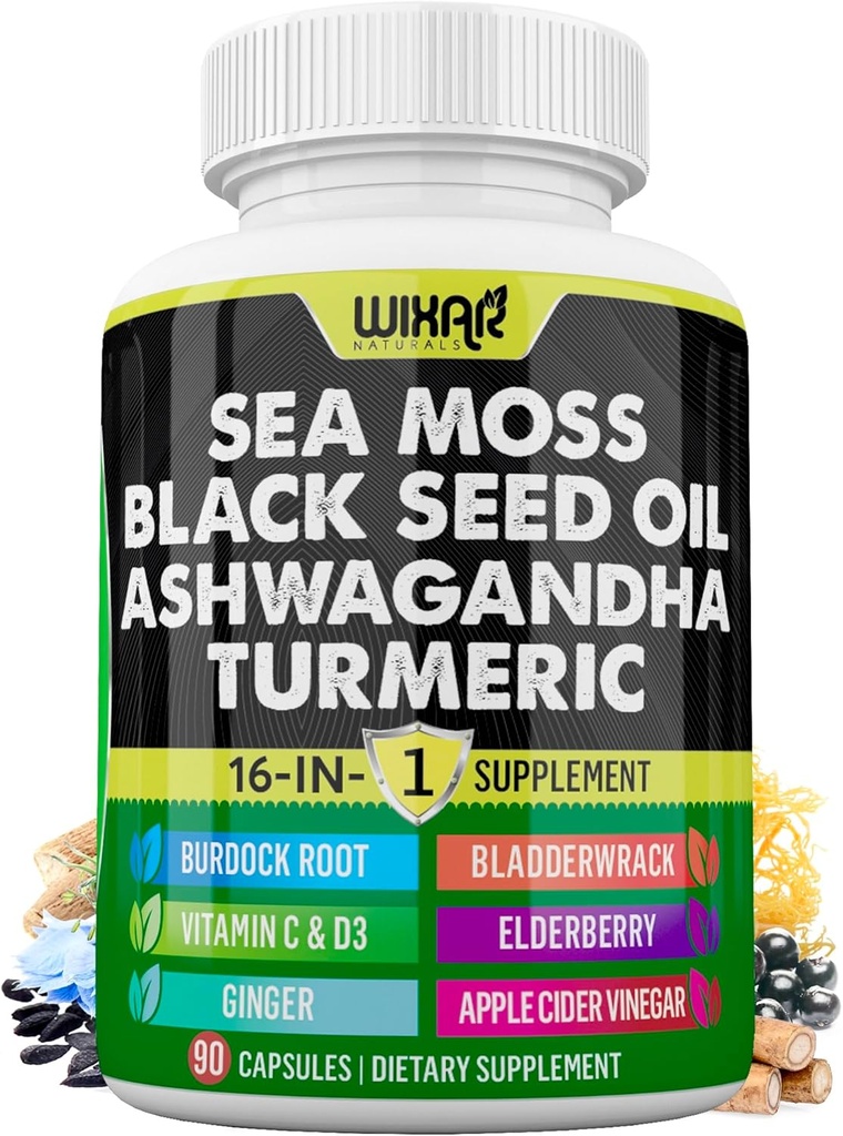 Wixar Sea Moss 3000mg Black Seed Oil 2000mg Ashwagandha 1000mg Turmeric 1000mg Bladderwrack 1000mg Burdock 1000mg & Vitamin C & D3 with Elderberry Dandelion Yellow Dock Chlorophyll ACV - 90 Capsules
