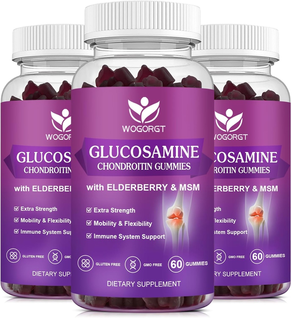 Glucosamine Chondroitin Gummies with MSM & Elderberry - 1500 mg Glucosamine Chondroitin Gummies Supplement for Flexability and Immune Support for Men & Women, 60 Gummies (3 Pack)