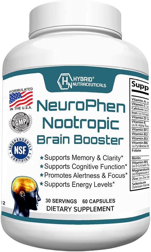 Hybrid Nutraceuticals NeuroPhen Nootropics Brain Booster Supplement - Focus Supplement, Memory Supplement for Brain with Bacopa Extract, Phosphatidylserine, Huperzine A - 60 Capsules