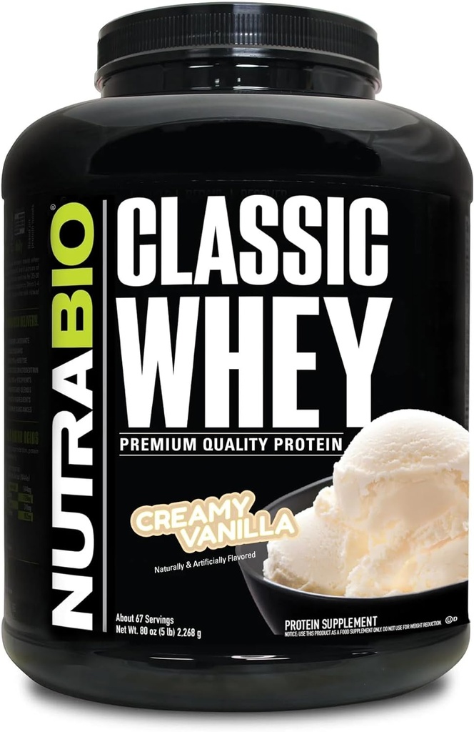 NutraBio Classic Whey Protein Powder - 25G πρωτεΐνης ανά Scoop - Full-Spectrum Amino Acid Profile - Χωρίς πληρωτικά, τεχνητά χρώματα, συντηρητικά - Χαμηλός γλυκαιμικός δείκτης - κρεμώδης βανίλια, 5 Λίρες