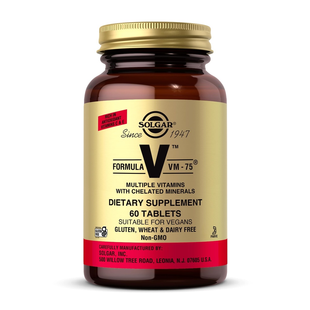 Solgar Formula VM- 75, 60 δισκία - Πολυβιταμίνη με Χηλικά Ορυκτά - Βιταμίνη A, B6, B12, C, D, E - Βιοτίνη, Μαγνήσιο, Ασβέστιο, Σίδηρος, Ψευδάργυρος - Vegan, Χωρίς γλουτένη, Γαλακτοκομικά, Kosher - 60 Σερβιέτες