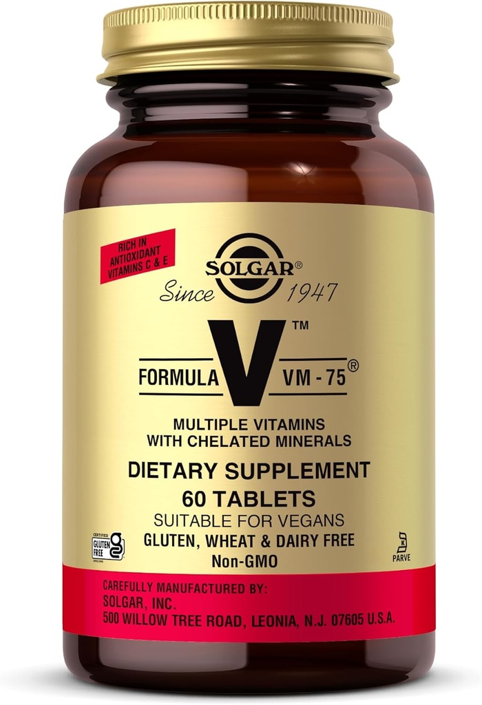 Solgar Formula VM-75, 60 Tablet - Chelated Minerals ile Çokvitamin - A, B6, B12, C, D, E - Biotin, Magnezyum, Kalsiyum, Iron, çinko - Vegan, Gluten Free, Dairy Free, Kosher - 60 Hizmetler