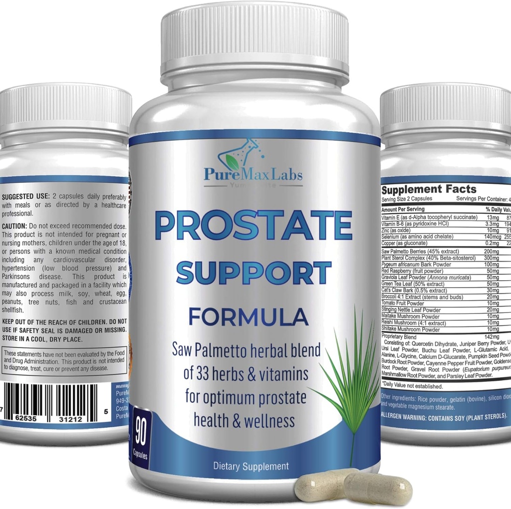 Prostate Support Formula for Men - Saw Palmetto, Plant Sterol, 33 Herbs, Bladder Control Pills to Reduce Frequent Urination & Crypto Blocker to prevent Hair Missing | Prostate Supplement | 90 Capsules