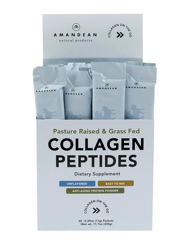 AMANDEAN Collagen. Toz Paketleri | 30 Bireysel Stick Packs | Grass-Fed Hydrolyzed Collagen protein | Unflavored, Easy to Mix | Travel Friendly | Discovers Health Gut, Skin, Hair, Nails.