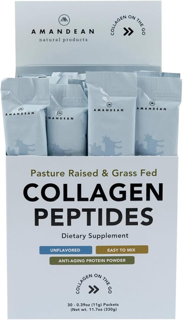 AMANDEAN Collagen. Toz Paketleri | 30 Bireysel Stick Packs | Grass-Fed Hydrolyzed Collagen protein | Unflavored, Easy to Mix | Travel Friendly | Discovers Health Gut, Skin, Hair, Nails.
