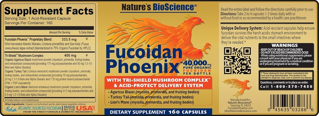 Nature's Bioscience ® FUCOIDAN Phoenix Advanced: 40,000 mg of Pure Organic Fucoidan + 64.000 mg of Pure Mushroom