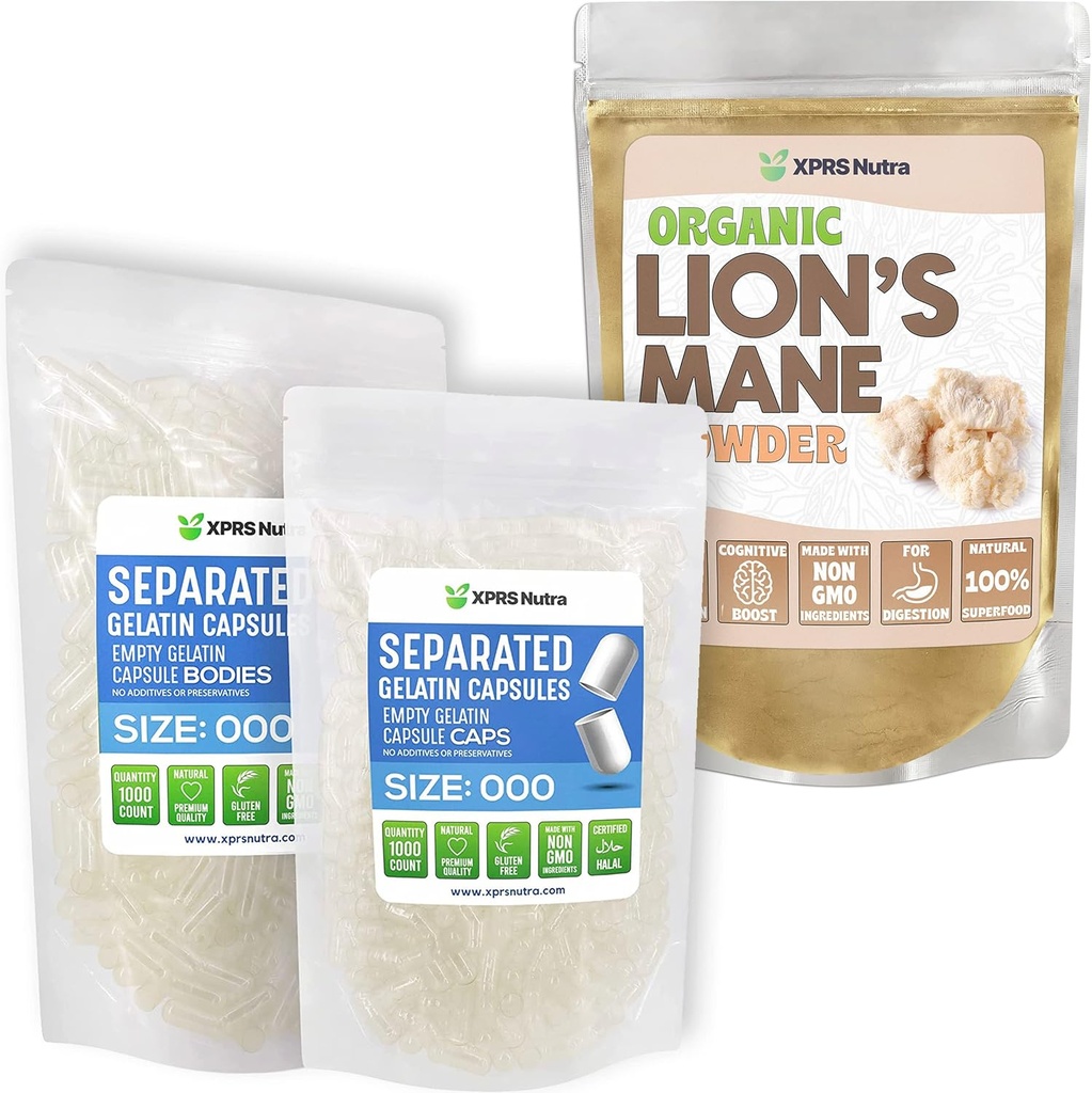 XPRS Nutra, Lion's Mane Toz (8 Ounce) ile 000 Capsules (1000 Kont) Ayrılandı